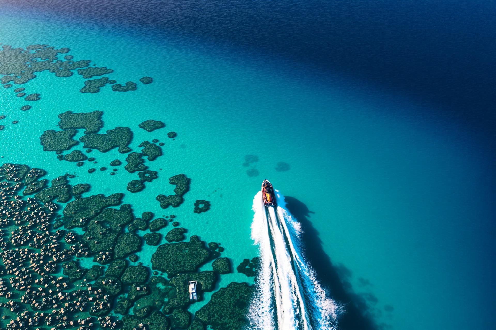 Aerial view of jet ski over a turquoise reef